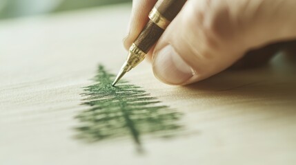 Close-up of a hand sketching a tree with a pen on paper, emphasizing attention to detail and nature-inspired creativity.