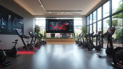 A sleek cycling studio with interactive digital cycling routes and neon-lit stationary bikes