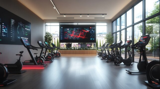 A sleek cycling studio with interactive digital cycling routes and neon-lit stationary bikes