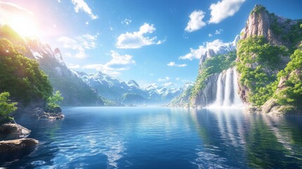 A sleek fjord with interactive digital water and neon-lit cliffs