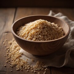 Professional Stock Photo of Wooden Bowl Filled with Quinoa. Ideal for Wellness, Nutrition, Yoga, Ayurveda, and Personal Care Themes