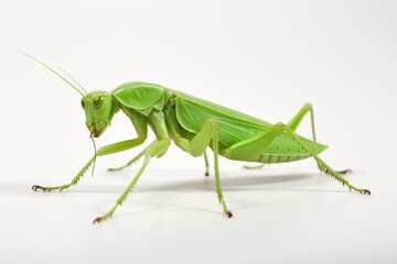 Close-up of a vibrant green grasshopper on a white surface showcasing its detailed anatomy