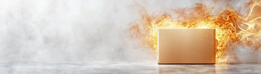 A cardboard box engulfed in flames, symbolizing urgency, danger, and swift delivery in a dramatic, smoky environment.