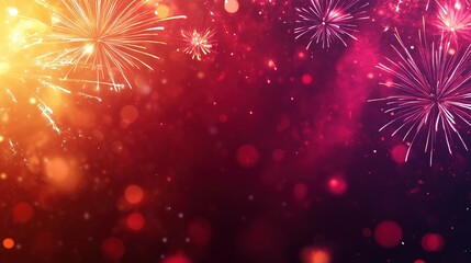 Fototapeta premium Festive Fireworks Display on Dark Night Sky: New Year's Eve Celebration Background with Sparkling Lights and Bokeh Effect 