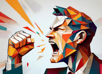 vector style angry man verbally and physically abusive concept in cubism style