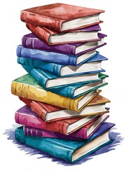 A stack of colorful hardback books. A classic symbol of knowledge and learning.