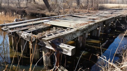 Ruined Wooden Bridge Over a Creek