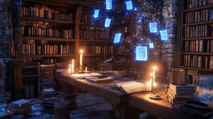 A magical study room filled with floating books, candles, and shelves of ancient texts creates an enchanting atmosphere.