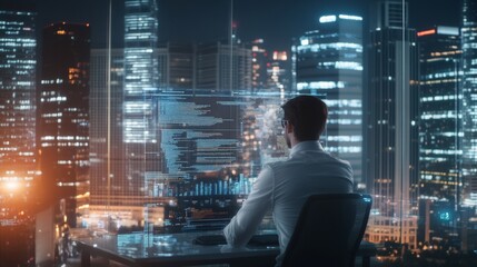 A sleek software engineer coding on a transparent screen in a neon-lit office style
