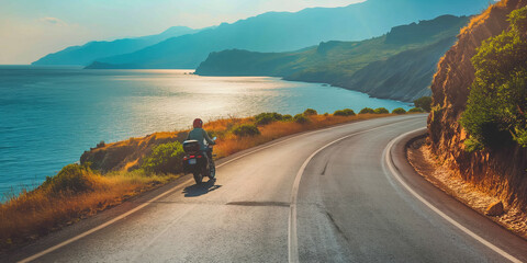 A motorbike cruises on coastal road, offers a sense of freedom and adventure on this motorcycle tour journey.
