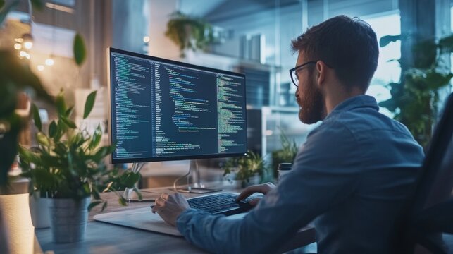 A sleek software engineer coding on a transparent screen in a neon-lit office style