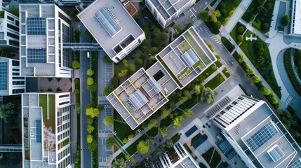 Aerial View of Modern Office Buildings with Greenery
