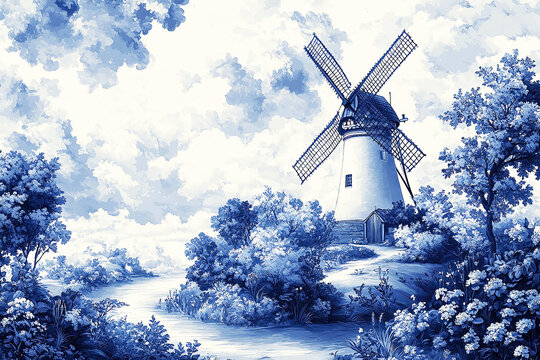 Traditional Dutch delft blue and white landscape scene with a windmill.