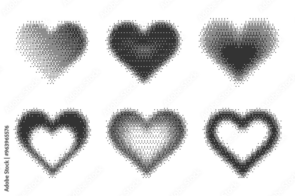 Poster bitmap pixel arcade game effect. hearts y2k halftone pattern shape. vector dither aesthetic gradient