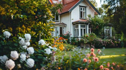 Charming white farmhouse with a lush green lawn and colorful flower gardens ai generative..