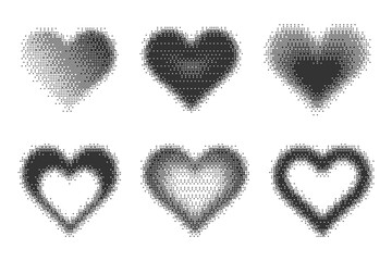 Bitmap pixel arcade game effect. Hearts y2k halftone pattern shape. Vector dither aesthetic gradient glow icons. 2000s design grainy illustration on white background.