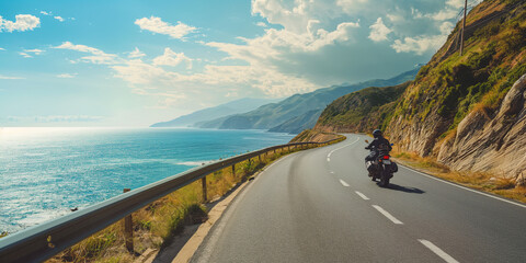 A motorbike cruises on coastal road, offers a sense of freedom and adventure on this motorcycle tour journey.

