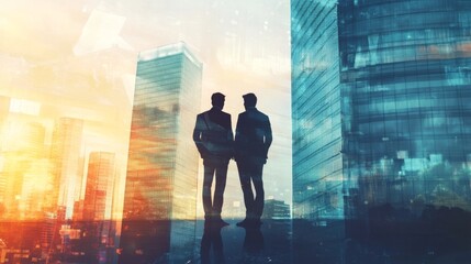 2 businessmen on skyscraper, teamwork concept.