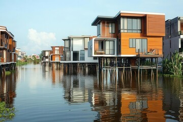 A modern city featuring a housing development built on stilts to protect against frequent flooding, symbolizing adaptation and resilient architecture in urban planning.