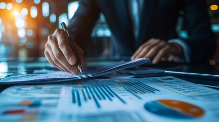 Businessman Analyzing Financial Data with Charts and Graphs