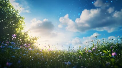 Obraz premium An avant-garde prairie with shifting holographic grasses and bioluminescent wildflowers