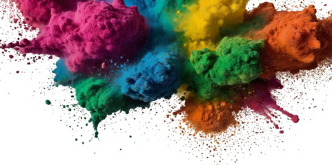 Vector watercolor rainbow multicolor splatter design background. Multicolored rainbow explosion of cloud powder paint holi decoration isolated on transparent background