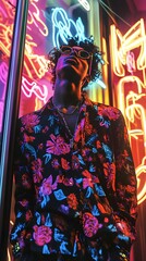 Obraz premium 38. An artist standing in front of a neon sign, vibrant and energetic