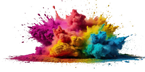 Vector watercolor rainbow multicolor splatter design background. Multicolored rainbow explosion of cloud powder paint holi decoration isolated on transparent background