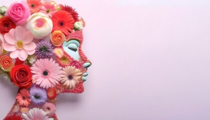 Bouquets of various types and colors arranged in the shape of a woman's face on a white background.