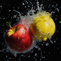 Design a high-resolution scene where strawberries, blueberries, blackberries, and raspberries spin mid-air, surrounded by dynamic water splashes, each droplet reflecting light and capturing the vibran