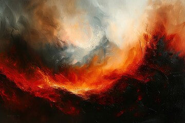 Fototapeta premium A painting of a mountain range with a volcano erupting in the middle