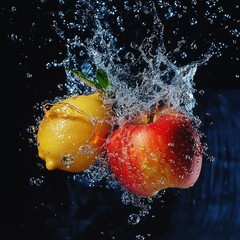 Design a high-resolution scene where strawberries, blueberries, blackberries, and raspberries spin mid-air, surrounded by dynamic water splashes, each droplet reflecting light and capturing the vibran