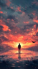 Fototapeta premium 40. An artist standing in front of a sunset, romantic and inspiring