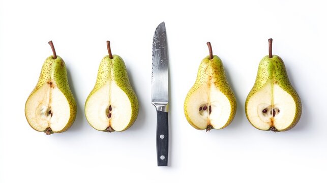 Fresh green pear slices, knife