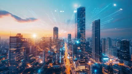 Fototapeta premium An innovative cityscape with interactive digital skyscrapers and holographic streets