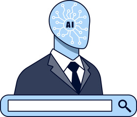 Human head artificial intelligence technology and search bar, simple flat background. AI futuristic bot in business suit, virtual innovation abstract robot.