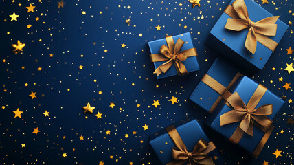 Elegant blue gift boxes with golden ribbons and bows scattered with golden stars on a dark blue background