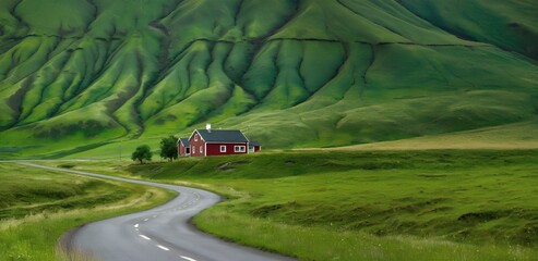 Fototapeta premium Picturesque rural landscape with red barn on green hills