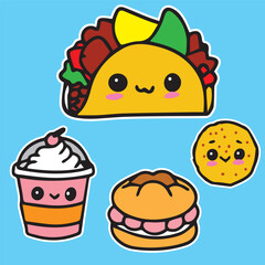 cute food character sticker illustration burger taco ice cream sandwich rice ball cake set of 4 high quality vector in blue background  for prints kids children comic style kawaii cartoon
