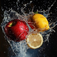 Design a high-resolution scene where strawberries, blueberries, blackberries, and raspberries spin mid-air, surrounded by dynamic water splashes, each droplet reflecting light and capturing the vibran