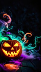 Glowing jack-o'-lantern surrounded by swirling colorful smoke in shades of orange, green, and purple. Halloween copy space greeting card