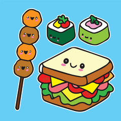 cute food character sticker illustration sushi burger hamburger sandwich bread rice cake set of 4 high quality vector in blue background  for prints kids children comic style kawaii cartoon