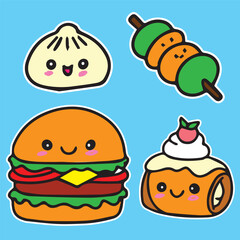 cute food character sticker illustration sushi burger hamburger dumpling cream roll sandwich rice cake set of 4 high quality vector in blue background  for prints children comic style kawaii cartoon