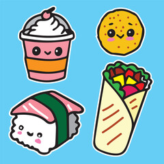 cute food character sticker illustration sushi burger hamburger sandwich wrap cup ice cream fish rice cake set of 4 high quality vector in blue background  for prints kids children comic style cartoon