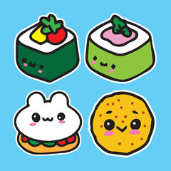 cute food character sticker illustration sushi burger hamburger sandwich rice ball cake set of 4 high quality vector in blue background  for prints kids children comic style kawaii cartoon