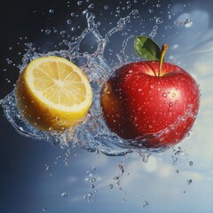 Design a high-resolution scene where strawberries, blueberries, blackberries, and raspberries spin mid-air, surrounded by dynamic water splashes, each droplet reflecting light and capturing the vibran