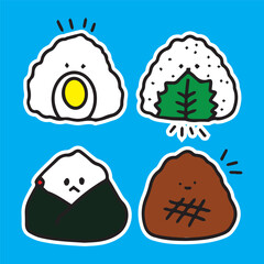Cute sushi rice cakes Japanese food icon cartoon Korean Asian cuisine set character with different flavour food love lover high quality vector sticker set of 4