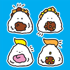 Cute sushi rice cakes Japanese food icon cartoon Korean Asian cuisine set character with different flavour food love lover high quality vector sticker set of 4