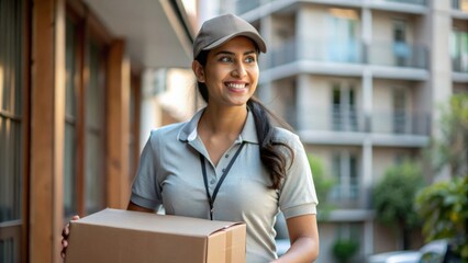 An Indian female courier delivering a package in a residential area, representing diversity in the logistics workforce.