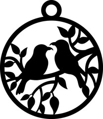 Design featuring a black silhouette of a bird perched on a branch with leaves inside a circle. This laser cutting template is perfect for creating round shaped earrings or wall decoration.